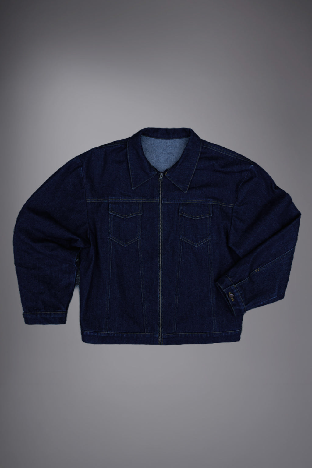 Veste jean oversize artisanale zippée indigo brut toile Oeko-Tex fil blanc col pointu - Goofy Brute