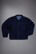 Veste jean oversize artisanale zippée indigo brut toile Oeko-Tex fil blanc col pointu - Goofy Brute
