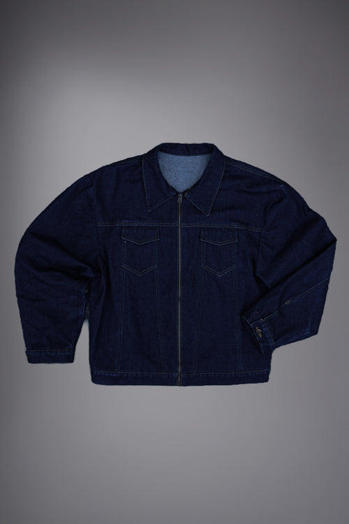 Veste jean oversize artisanale zippée indigo brut toile Oeko-Tex fil blanc col pointu - Goofy Brute