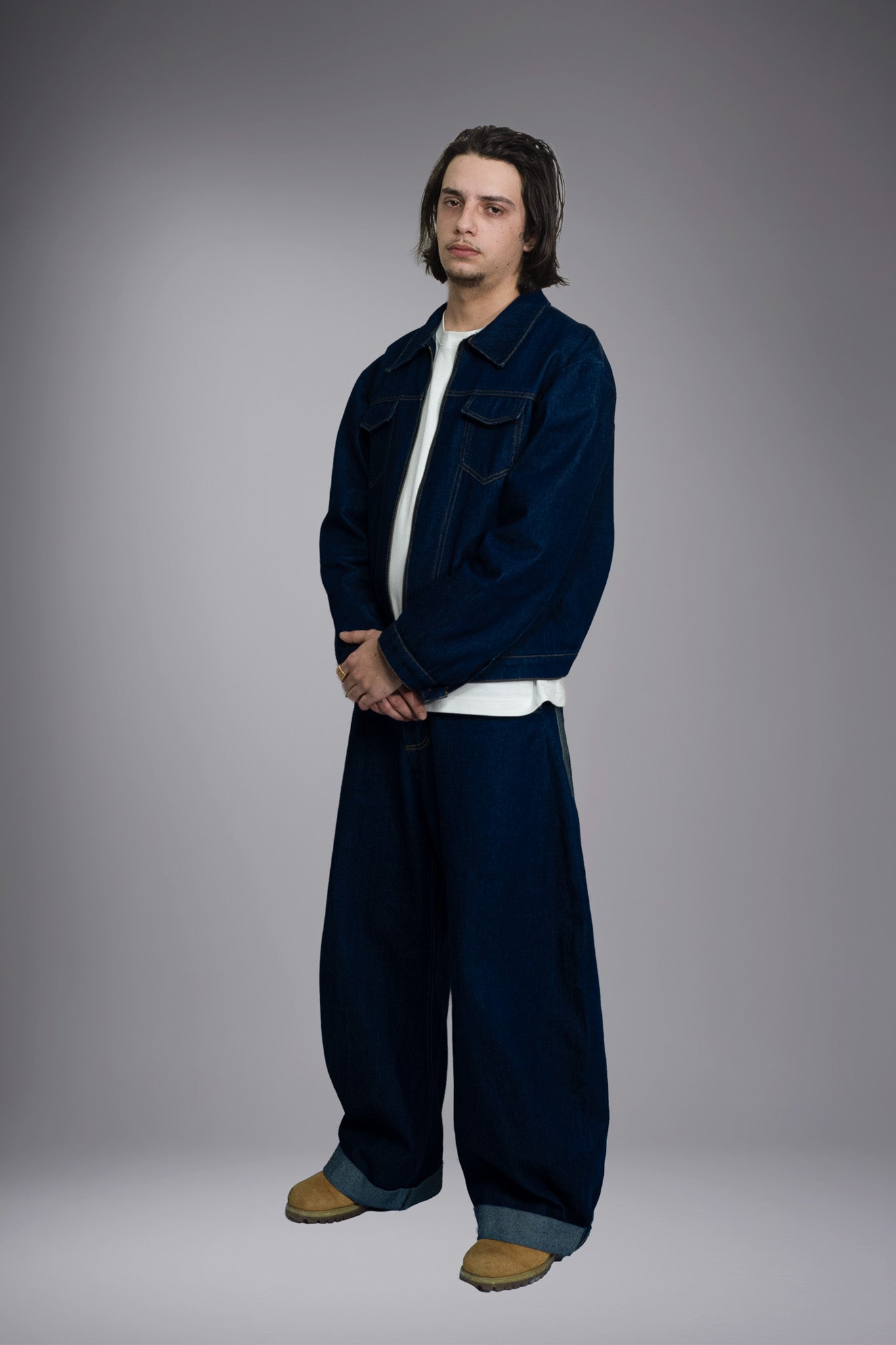 Tenue complète artisanale denim homme jean wide leg cuffed veste zippée toile Oeko-Tex fil blanc indigo - Goofy Brute