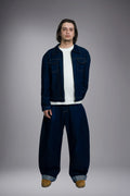 Look total denim artisanal homme jean baggy ballon et veste oversize indigo brut Oeko-Tex fil blanc - Goofy Brute