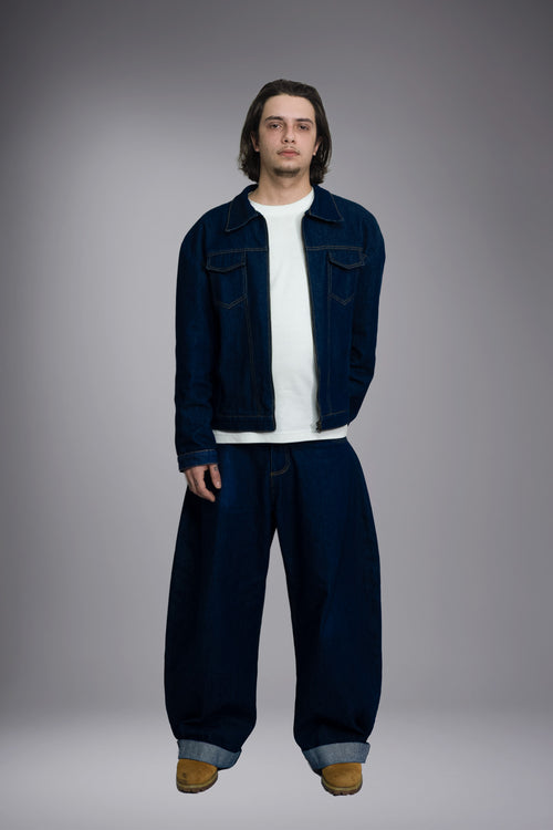 Look total denim artisanal homme jean baggy ballon et veste oversize indigo brut Oeko-Tex fil blanc - Goofy Brute