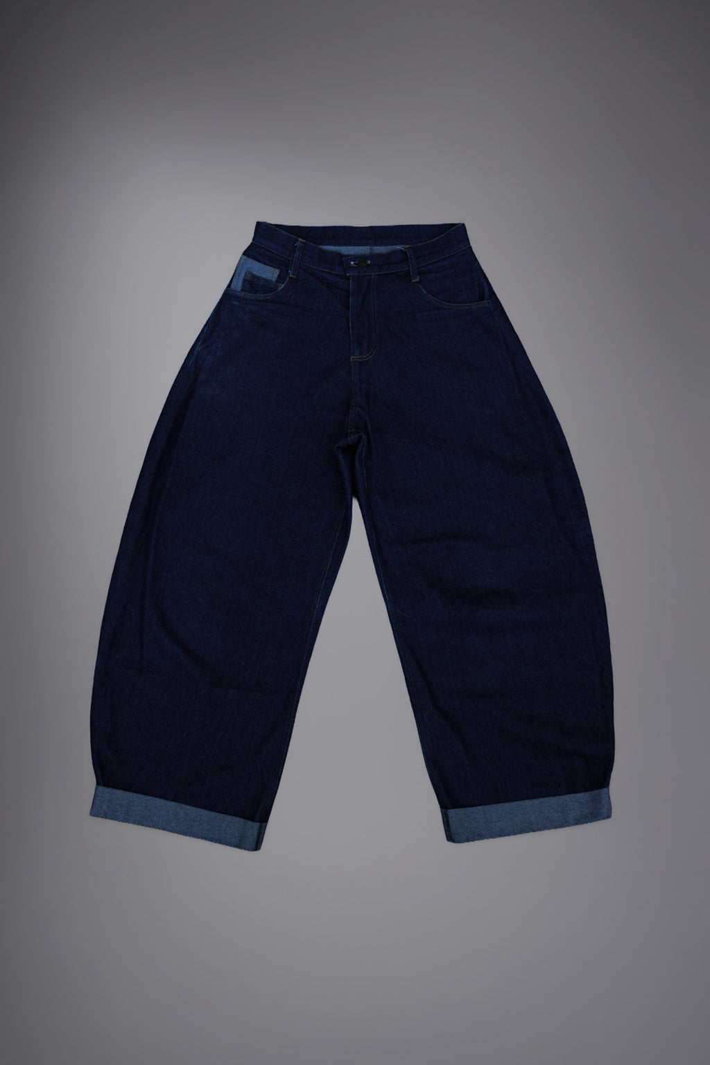 Jean baggy oversize artisanal coupe ballon indigo brut toile Oeko-Tex fil blanc cuffed - Goofy Brute
