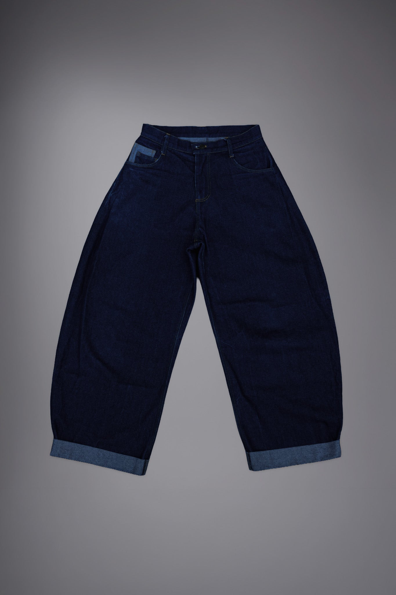 Jean baggy oversize artisanal coupe ballon indigo brut toile Oeko-Tex fil blanc cuffed - Goofy Brute