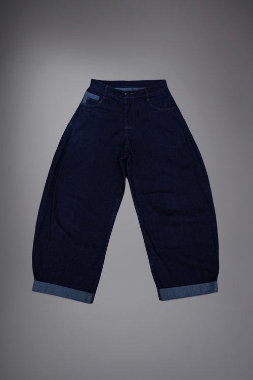 Jean baggy oversize artisanal coupe ballon indigo brut toile Oeko-Tex fil blanc cuffed - Goofy Brute